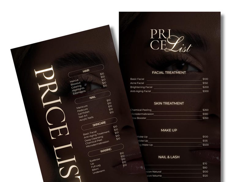 May include: Two dark brown Price List menus with beauty services. The left menu lists hair, nail, skincare, and waxing services. The right menu lists facial, skin, makeup, and nail & lash treatments. The text is in a white, elegant font.