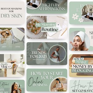May include: A collage of 12 Instagram story templates with green and white backgrounds. The templates feature text such as "Best Foundations for Dry Skin", "High Vibe Affirmations", "My Morning Routine", "The Trends for 2023", "How to Start Your Online Business", "How to Make Money by Blogging", "How to Set Goals for", "A Day in My Life", "Daily Vlog", "Beauty Edition: My Favorite Makeup Brush", "Skincare Routine Review", and "Paris Edition".