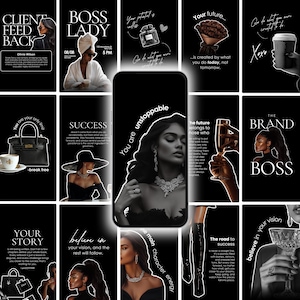 May include: A collage of nine black and white images with motivational quotes about success, leadership, and personal growth. The images feature a woman wearing jewelry and a black dress, a glass of champagne, a purse, and a cup of coffee.