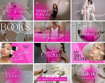 May include: A collage of nine pink and white Instagram story graphics featuring various lifestyle and beauty topics. The graphics include text such as "Perfect Fragrance", "Weekly Podcast", "How I Found My Passion", "Beauty Secrets", "My Skin Routine", "Daily Vlog", "Feminine Energy", "Daily Tips", and "Books for Your Mindset".