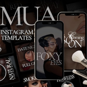 Op de afbeelding: Een verzameling Instagram-sjablonen voor visagisten. De sjablonen bevatten afbeeldingen van modellen met verschillende make-uplooks, waaronder rode lippenstift, smokey eyes en natuurlijke make-up. De tekst "MUA" en "Instagram-sjablonen" staat op de sjablonen.