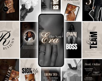 Puede incluir: Un collage de imágenes que promocionan un negocio. Las imágenes presentan texto como "The New Era", "Be Your Own Boss", "How To Define Your Target Audience" y "Book Online".