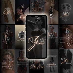 May include: A collage of images featuring a woman in black clothing with the text "NEW YOU" in gold lettering. The images are arranged in a grid pattern and include text such as "Queen", "Holiday Mood", "The Goddess Club", "Daily Motivation", "Glow", "Treatment", "Lamination", "Brow", "It's Glow Time", and "Online Course".