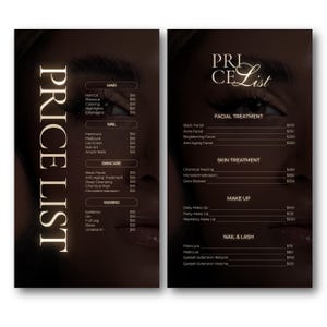 May include: A two-page price list with a dark brown background. The left page lists hair, nail, skincare, and waxing services. The right page lists facial, skin, makeup, and nail & lash treatments. The text is in white.