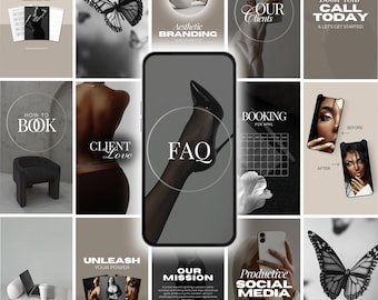 May include: A collage of images in grayscale and sepia tones, featuring text overlays like "LEAD MAGNET," "FAQ," and "Productive Social Media." The images include a butterfly, a high-heeled shoe, and a before-and-after photo.