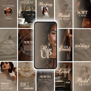 Könnte beinhalten: Eine Collage von Bildern mit einer neutralen Farbpalette. Die Bilder enthalten Texte wie "The Founder", "Explore the Premium", "Booking", "Our Mission", "How to Work with Me?", "Rise Up", "She Leads", "Next Level" und "Bold Moves".
