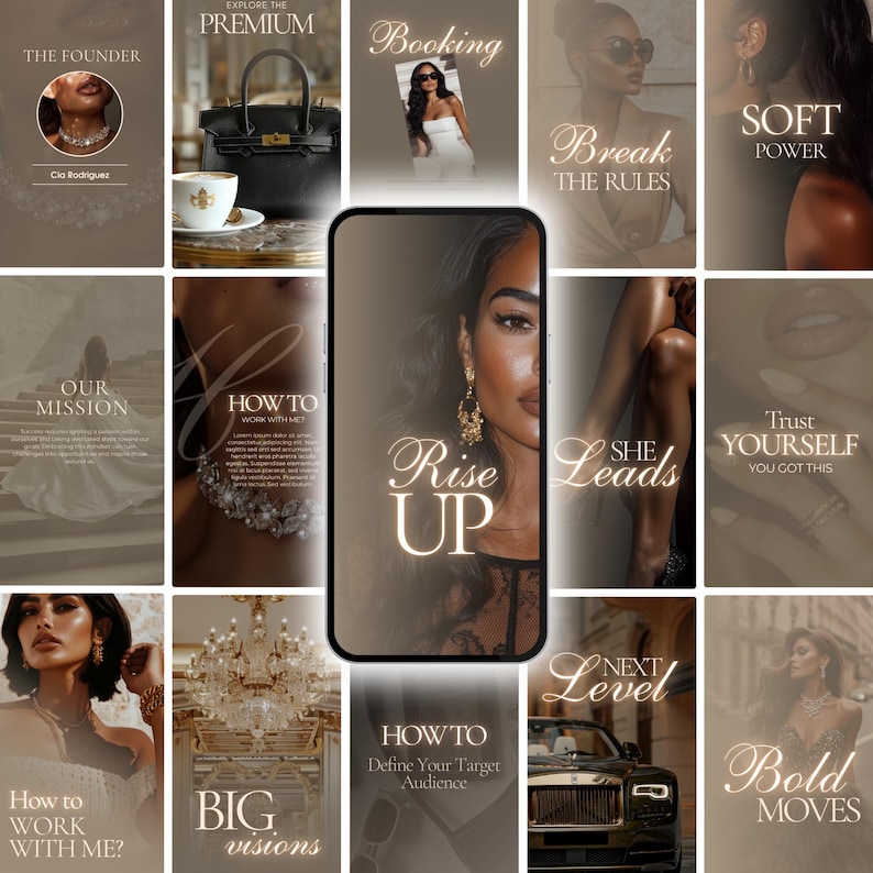 May include: A collage of images with a consistent sepia tone. The images feature text like "The Founder," "Explore the Premium," and "Rise Up." Other images show a luxury handbag, a woman in sunglasses, and a car.