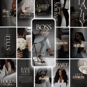 Może przedstawiać: Kolaż obrazów z motywacyjnymi cytatami i frazami, w tym "Żyj chwilą", "Znajdź swój własny styl", "Szefowa", "Podążaj za pasją", "Czas zabłysnąć", "Zwiększ swoje zaufanie", "Zrób to dzisiaj", "Zacznij dzisiaj" i "Otwieramy pudełko". Obrazy są w ciemnej kolorystyce z złotymi akcentami.