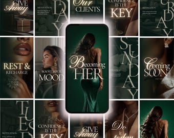 May include: A smartphone screen displaying a central image of a person in a green satin dress with the text Becoming HER, surrounded by a grid of motivational social media graphics featuring text like GIVE AWAY, MONDAY, and CONFIDENCE IS THE KEY.