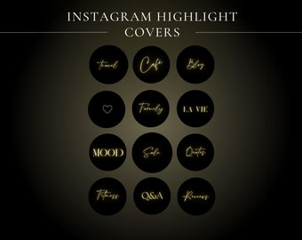 Könnte beinhalten: Ein Satz von 12 schwarzen runden Instagram-Highlight-Covern mit goldener Schrift. Der Text beinhaltet "Travel", "Cafe", "Blog", "Family", "LA VIE", "Mood", "Sale", "Quotes", "Fitness", "Q&A", "Reviews" und ein Herzsymbol.