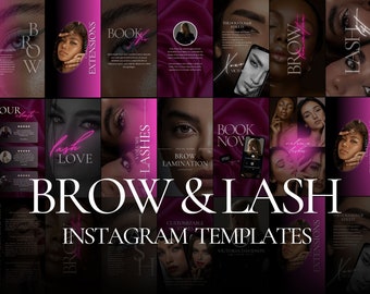 May include: A collage of Instagram templates for brow and lash services. The templates feature images of models with beautiful brows and lashes, along with text that promotes the services. The text includes phrases like "Book Now", "Lash Love", and "Volume Lashes".