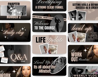May include: A collage of 10 Instagram story templates with black and white photos of a woman and text overlays. The text includes "Chapter Number 2", "Daily Vlog", "Welcome to the Course", "Life Update", "Level Up! It's all about the Mindset", "Setting Goals & Defining Success as a Creator", "Level Up Your Mindset", "My Work Out Routine", "Q&A Time", and "Weekly Vlog".