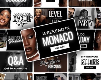 May include: A collage of 12 black and white images with white text. The images feature a variety of topics, including guided meditation, makeup, a weekend in Monaco, goals, and a workout routine. The text includes phrases like "Boss Babe Podcast", "Glamorous Makeup Style", "Weekend in Monaco", "My Goals for 2025", and "How to Achieve Your Goals".