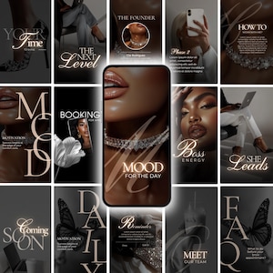 Puede incluir: Un conjunto de gráficos para redes sociales con una estética oscura y elegante. Las imágenes presentan texto como "Mood for the Day", "Boss Energy" y "She Leads", junto con imágenes de joyas, mariposas y un teléfono.