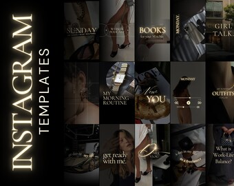 May include: A collection of Instagram story templates with gold text on a black background. The templates feature text such as "Sunday", "Weekly Podcast", "Books for your Mindset", "My Morning Routine", "New You", "Girl Talk", "My Summer Outfits", "A Day in My Life as a Freelancer", "What is Work-Life Balance?", "Get Ready with Me", and "Daily Vlog".
