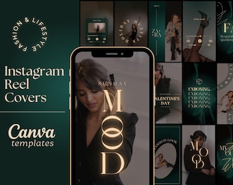 Puede incluir: Una colección de portadas de carretes de Instagram con un esquema de color verde y dorado. Las portadas incluyen texto como "Sunday Mood", "Día de San Valentín", "Unboxing" y "Fashion Look".