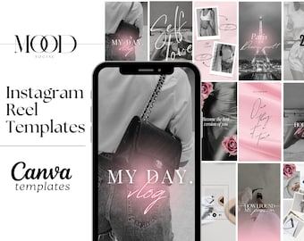 May include: A collage of Instagram reel templates with a pink and black color scheme. The templates feature text such as "My Day. Vlog", "Self Love", "Become the best version of you", "One thing at a time", "How I found my passion", and "Holiday Mood".