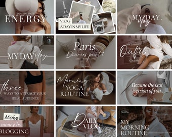 May include: A collage of nine images featuring lifestyle and fashion content. The images include text such as "Tap into your energy", "Vlog a day in my life", "My day vlog", "Paris Diaries part 1", "My summer outfits", "Three ways to attract your ideal audience", "Morning yoga routine", "Become the best version of you", "Make money by blogging", "Daily vlog", "My morning routine".