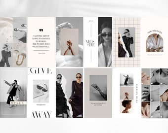 May include: A collection of Instagram story templates featuring fashion-related images and text. The templates include quotes about fashion, images of clothing, and text about new arrivals and fashion week.