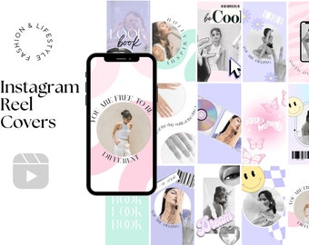 May include: A collection of Instagram reel covers with a pastel colour scheme. The covers feature text, images of people, and abstract shapes. Some of the text includes "You are free to be different", "Look book", "Be cool", "You are amazing", and "Good morning".
