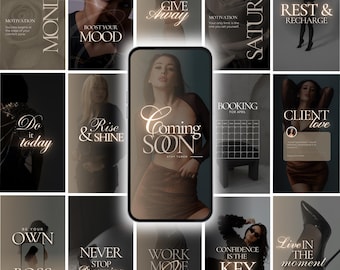 May include: A collection of social media graphics with motivational quotes and lifestyle themes. The images feature text like "Coming Soon," "Boost Your Mood," and "Be Your Own Boss," with a neutral color palette.