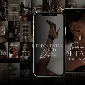 May include: A collage of images featuring a range of topics, including fashion, business, and personal development. The images are in a dark, moody style with a focus on silver and gold accents. The text in the images includes phrases such as "Frequently Asked Questions", "Confident Goddess", and "Silver Detail Earrings".