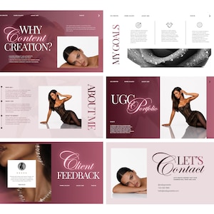 May include: A digital portfolio presentation featuring six slides with a burgundy and light pink color scheme. The slides include text headers such as WHY CONTENT CREATION, MY GOALS, ABOUT ME, UGC Portfolio, Client Feedback, and LET'S CONTACT.