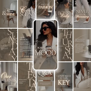 May include: A collage of images with text overlays in a neutral color palette. The text includes phrases like "Rise & Shine," "Coming Soon," "Find Your Passion," and "Boost Your Mood." The images feature women in business attire.