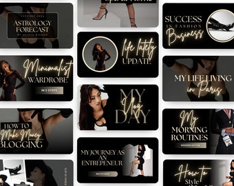May include: A collage of 12 Instagram story templates with black backgrounds and gold text. The templates feature various topics, including fashion, lifestyle, and business. Some templates include images of a woman wearing black clothing.
