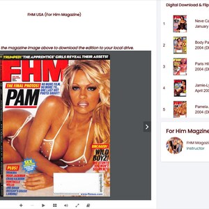 May include: A magazine cover featuring a woman in a white bikini with the text "FHM" and "PAM" in large, bold letters. The magazine cover is from the May 2004 issue of FHM USA.