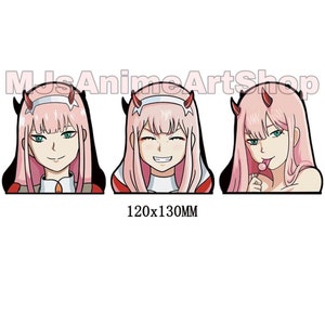May include: Three cartoon images of a pink-haired anime character with red horns. The character is shown with different expressions, including a smile, a smirk, and a playful expression with a lollipop.