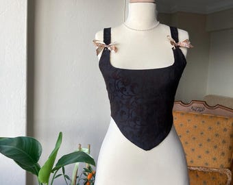 Black Velvet Floral Corset | Adjustable Underbust Corset for S-M Sizes | Vintage Gothic Style | Free Shipping