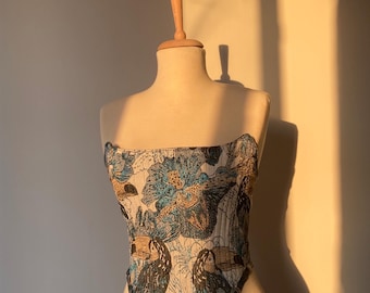 Blue Jacquard Renaissance Corset Top – Handmade Adjustable Floral Bustier, Vintage Festival Bodice, One of a Kind Fairycore Corset S–M