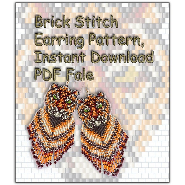 Brick Stitch Earring Pattern, Instant Download PDF, Earrings Seed Bead, Miyuki Delica, Bead Pattern, Long Earrings, Tiger Earrings