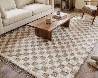 Alfombra moderna de lana color marfil y beige con estampado a cuadros, alfombra geométrica neutra para sala de estar, dormitorio, alfombra marroquí para pasillo, decoración bohemia para el hogar.