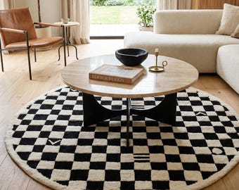 Wool Round Checkered Rug, Black And White Checkerboard Area Rug, Hand-knotted  Moroccan Berber Circle  For Dining Table Carpet