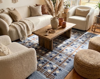 Ivory Wool Rug Modern Geometric Flatweave Kilim, Handmade Scandinavian Carpet, Eco-Friendly Home Decor