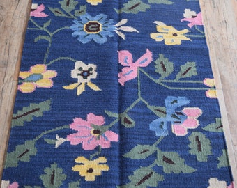 Modern 8x10FT Wool Floral Rug, Handwoven Wool Dhurries, Custom Wool Rug, Bedroom And Living Room, Reversible Wool Rug, Multicolor Rug