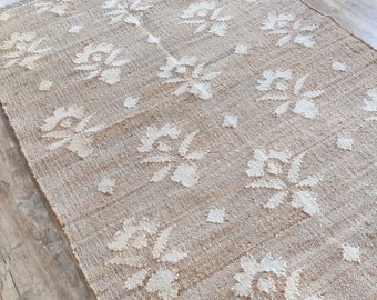 8x10 Natural Handwoven Cotton Jute Rug, Floral Pattern Jute Rug, Rug For Dining Room, Home Decor Rug, Jute Runner Rug, Outdoor Rug, Area Rug