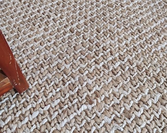 Natural Woven Jute Area Rug, Soft White Accents Handwoven Braided Jute Rug, Eco-Friendly Area Carpet, Rustic Farmhouse Chic Decor Rug, Gift