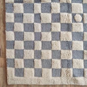 Wool Moroccan Checkered Area Rug, Blue and White Checkerboard Wool Rug for Home Decor, Oversized Indoor Living Room Rug, Pet Friendly