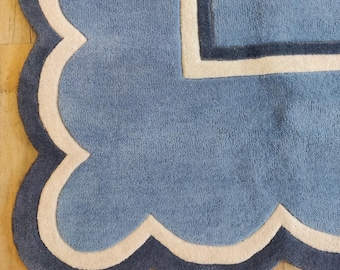 Blue Scalloped Wool Tufted Rug, Hand-Tufted Carpet for Living Room & Bedroom, Modern  Border Soft Wool Area Custom Size 5x8, 8x10, 9x12 FT
