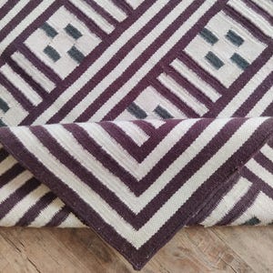 Tribal Stripe Wool Rug, Handwoven Flatweave Carpet, Boho Modern Living Room Rug, Reversible Wool Rug, Geometric Wool Dhurrie Rug, 5x8,6x9 FT