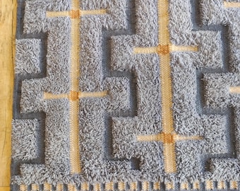 May include: A gray and beige geometric patterned rug with a fuzzy texture. The rug has a border of beige and gray.