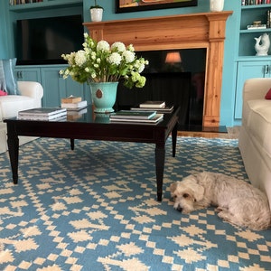 Modern Flatweave Area Rug, Cotton Wool Blue And White Rug, Handwoven Wool Rug For Indoor And Outdoor, 9X12 Kilim Woven Rug For Bedroom, Gift