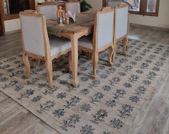 Handmade Floor Jute Cotton Rug, Natural Jute Rug, Home Decor Floral Design Rug, Black And Natural Jute Rug, Cotton Jute Runner Rug, Area Rug