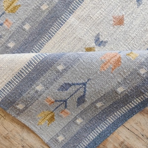 Pode incluir: Um tapete tecido com uma paleta de cores azul-claro e creme, apresentando um padrão repetitivo de pequenos motivos florais em amarelo-mostarda, laranja suave e azul. O tapete tem uma superfície texturizada com bordas listradas horizontais e pequenos quadrados brancos.