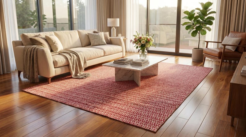 May include: A living room scene featuring a beige sofa with throw pillows and a blanket, a marble coffee table, and a red patterned rug. A potted plant and a leather armchair are also present. The room has large windows and hardwood floors.