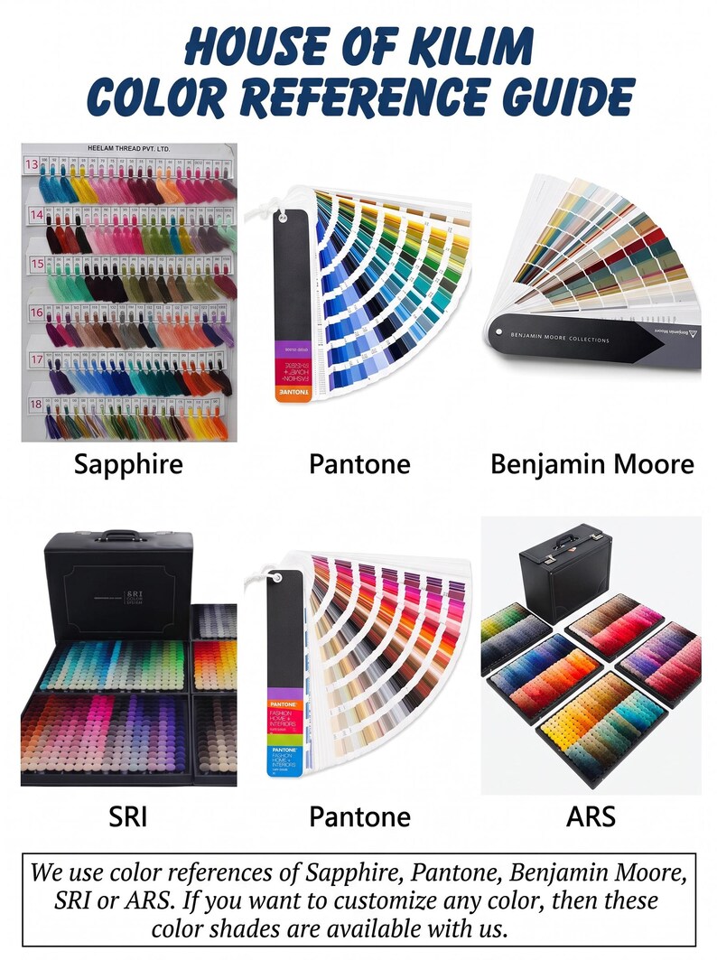 Puede incluir: Una gu&iacute;a de referencia de colores House of Kilim que presenta varios conjuntos de muestras de color de Sapphire, Pantone, Benjamin Moore, SRI y ARS. La pantalla incluye varios muestrarios y bandejas organizadas de hilos de colores.