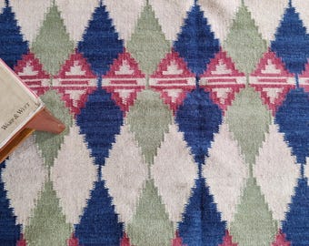 Boho Kilim Area Rug, Blue Green Diamond Pattern Carpet, Handwoven Cotton Wool Rug, Scandinavian Style Geometric Flatweave Modern Floor Decor